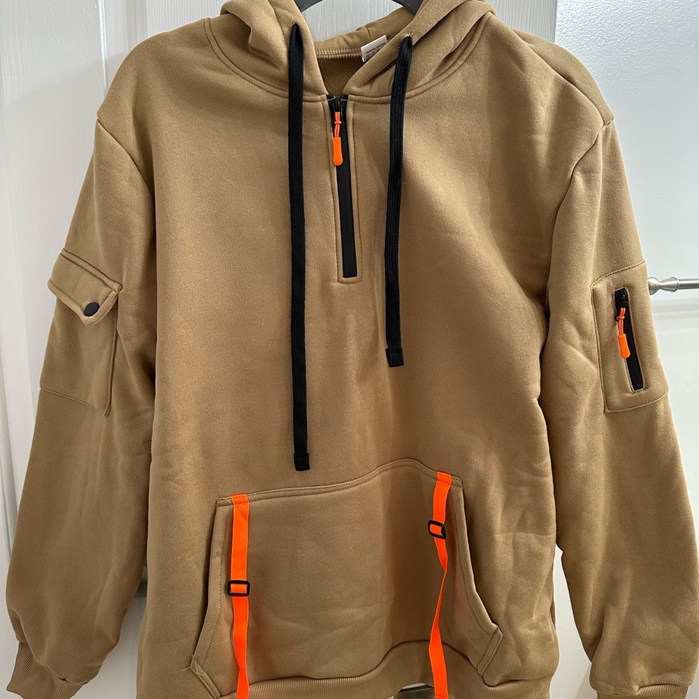Tan Tactical Men’s Hoodie with Orange Accents - Size L